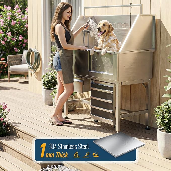 46" Dog Wash Station, 304 Stainless Steel, Side Ramp, 440 lb | Storage Drawer, pet grooming tub, hot cold faucet, fixed sprayer, shampoo dispenser, S-trap, hair filter, garage outdoor use