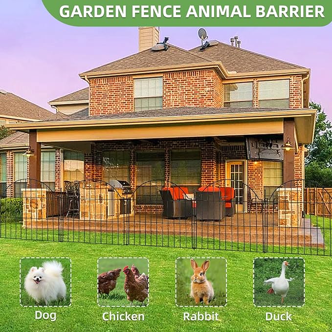 Blingluck Decorative Metal Garden Fence with Gate Lock 10 Panels, 24in (H) x 20ft (L) No Dig Dog Fence Outdoor for Yard, Temporary Rustproof Metal Wire Rabbit Dog Garden Border Fencing for Patio