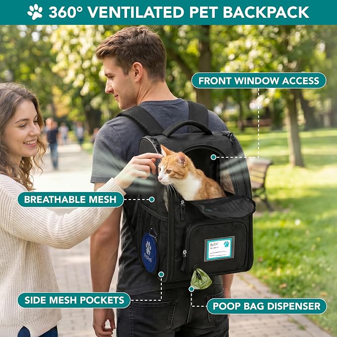 PetAmi Expandable Dog Backpack Carrier for Cats & Pets, Breathable Cat Carrier Backpack with Top Window & Multi-Entry, Ventilated Foldable Travel Carrier for Small Medium Pets up to 18 lbs, Black
