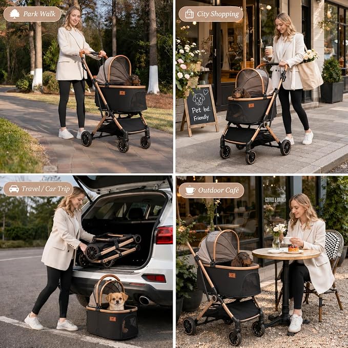 6-in-1 Cat Stroller for Cats & Small Dogs, Foldable Travel | Luxury Brown Pet Stroller, Detachable Carrier, Foldable Dog Stroller for Small Dogs, 360° Wheels, Frame Supports up to 50 lbs