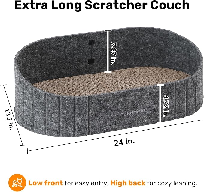 FUKUMARU Cat Scratcher, 24 Inch Sofa Shape Cat Scratching Bed Couch Indoor | Oval Felt Cat Scratcher Bed with Reversible Detachable Cat Scratching Boards, Round Cats Scratch Pads Refill, Dark Grey