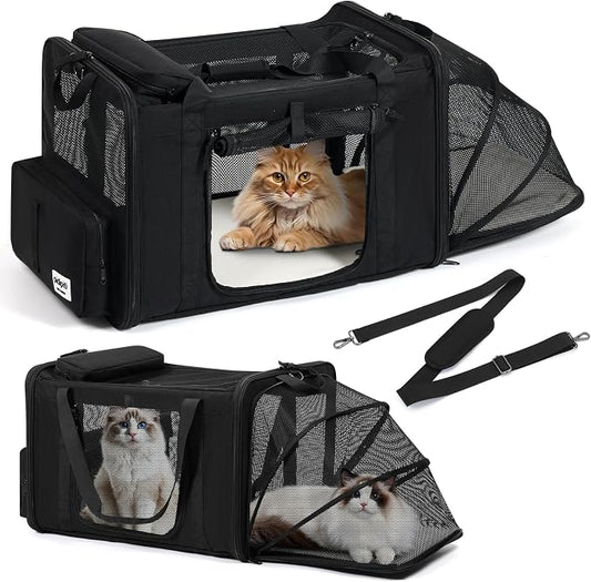pidipiti 25''(L) x 17''(W) x 17''(H) Extra-Large Expandable cat Carrier for Long Distance car Travel,for 1 Extra-Large cat / 2 Large Cats / 3 Small-Medium Cats up to 35 lbs(Black)