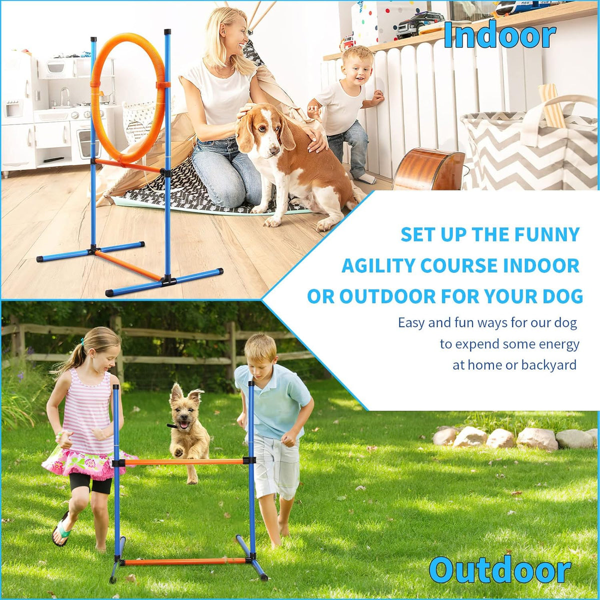 Dog Agility Training Equipment, 72-Piece Obstacle Course Training Starter Kit Indoor Outdoor Game for Dogs with Agility Hurdle, Jump Ring, Weave Poles, Pause Box, Toy Balls and Storage Bag