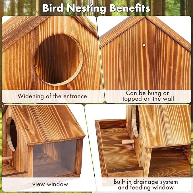 Bird Houses for Outside, Natural Wooden Birdhouse with Viewing Window & Drainage, Weather-Resistant, Tree/Wall Hanging Garden Decor, Gift for Bird Lovers