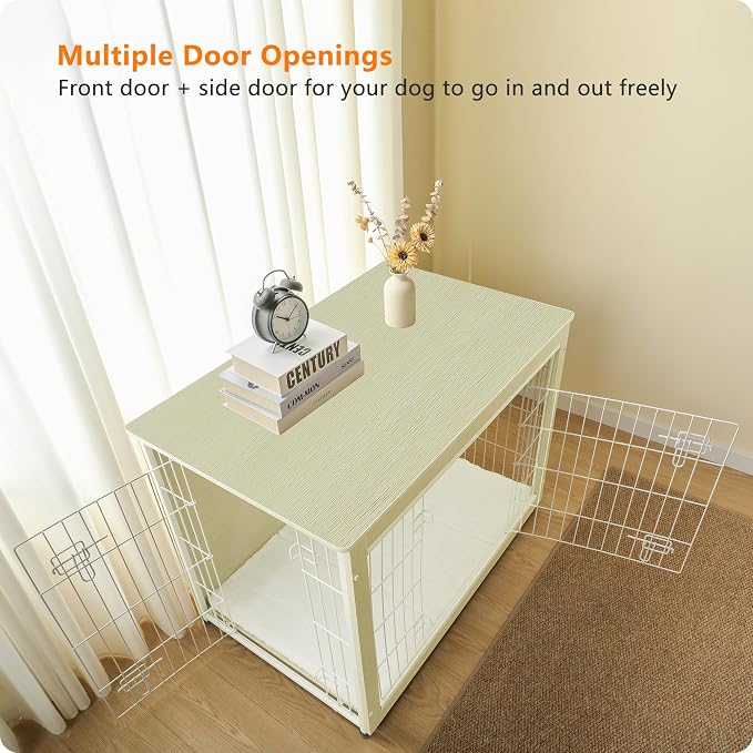 DWANTON Dog Crate Furniture with Cushion, Wooden Kennel Table with Double Doors, Indoor Dog House, Large Size, 38.5" L, White Oak