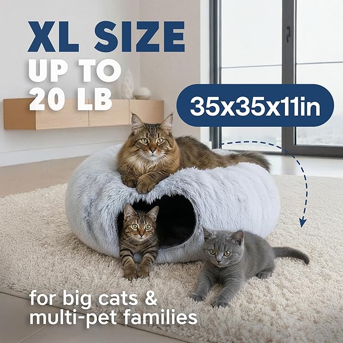Cat Donut Tunnel Bed - Cat Tunnels for Indoor Cats - XL Plush Circle Hideaway with Cat Toys, 3-in-1 Foldable Playground & Cozy Cave Bed, Gift-Ready House Under Christmas Tree for Ferret, Rabbit, Kitty