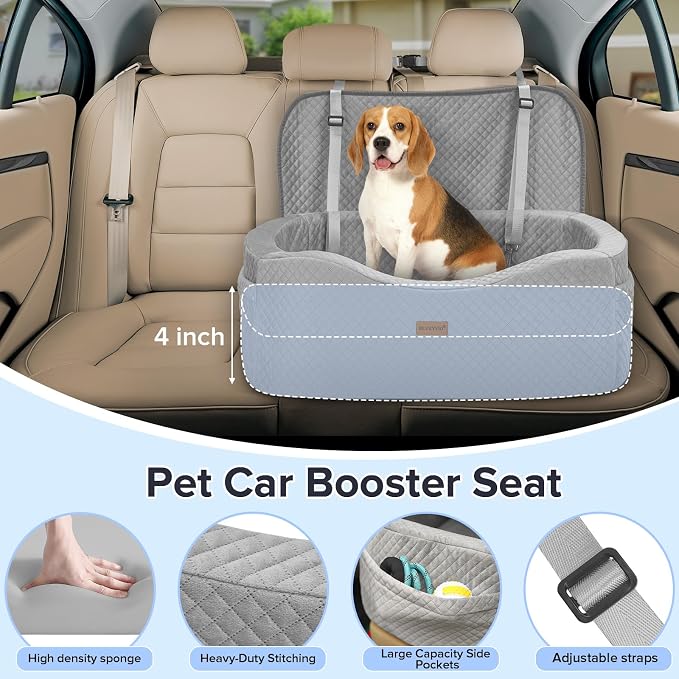 BLVRYVIO Large Dog Car Seat for Medium Sized Dogs Under 55lbs or 2 Smalls | Pet Booster Dog Seat for Car with 4" Memory Foam for Back Seat, Triple Safety Belts, Storage Pockets, Washable, Black
