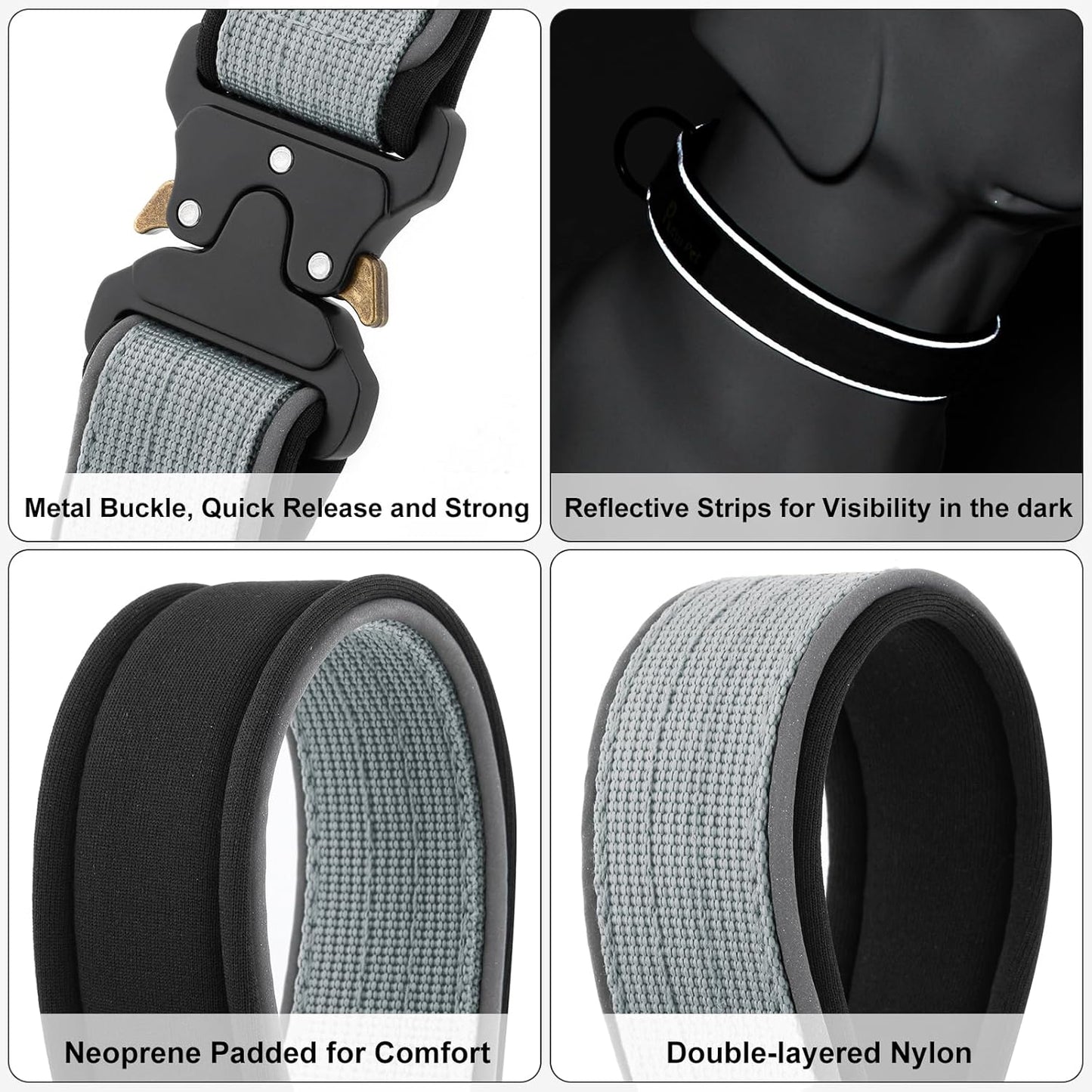 Plutus Pet Tactical Dog Collar, Reflective, Adjustable Heavy Duty Dog Collar, Soft Padded and Comfortable, for Small Medium and Large Dogs (Gray, M)