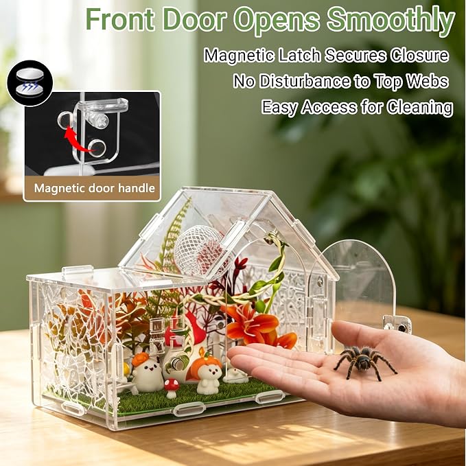 Acrylic Jumping Spider Enclosure Kit 25PCS with Decor | 25-in-1 woodland theme set with mushroom decor, white hideout, plants, ideal for mantis & tarantula