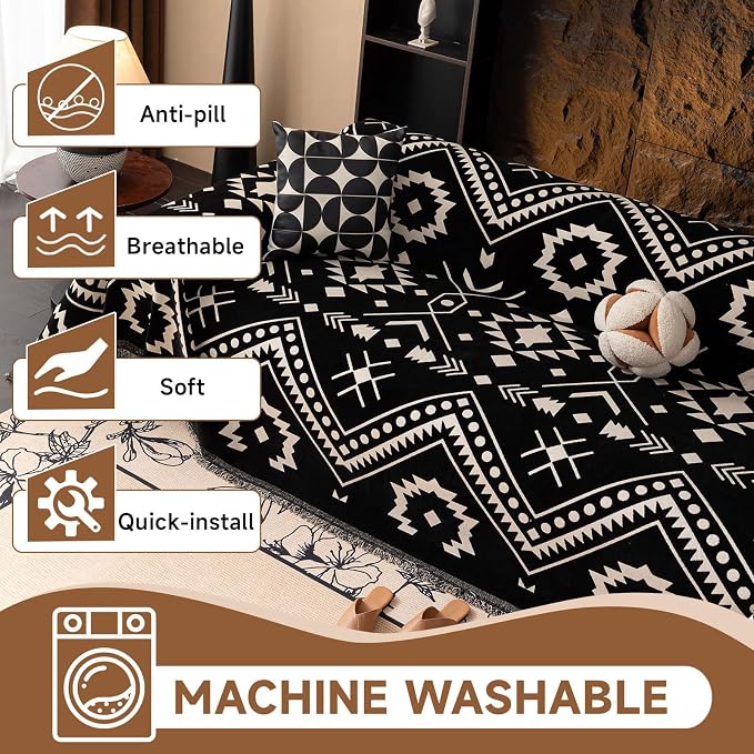 VClife Extra Large Couch Cover for Oversize Sofa Bohemian Sofa Slipcover, Aztec Geometric Chenille Sofa Cover Washable White Black Tribal Pattern Couch Protector Futon Cover 71" X 150"