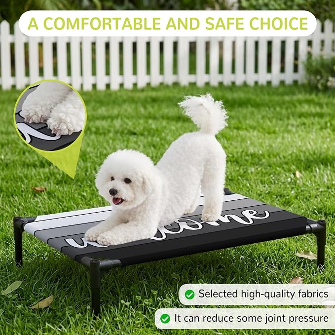 Outdoor Elevated Dog Bed for Medium Dogs, Black Wooden Grain Breathable Cooling Raised Dog Cot for Indoor/Outdoor, Gradient Farmhouse Wood Plank Waterproof Elevated Pet Beds, M 24 x 20 in