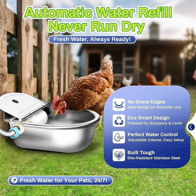 Automatic Animal Drinking Water Bowl with Float Valve, Extended Pipe,3L Stainless Steel Waterer Feeder Farm Dog Dispenser Kit Self Filling for Livestock Horse Goat Water Trough