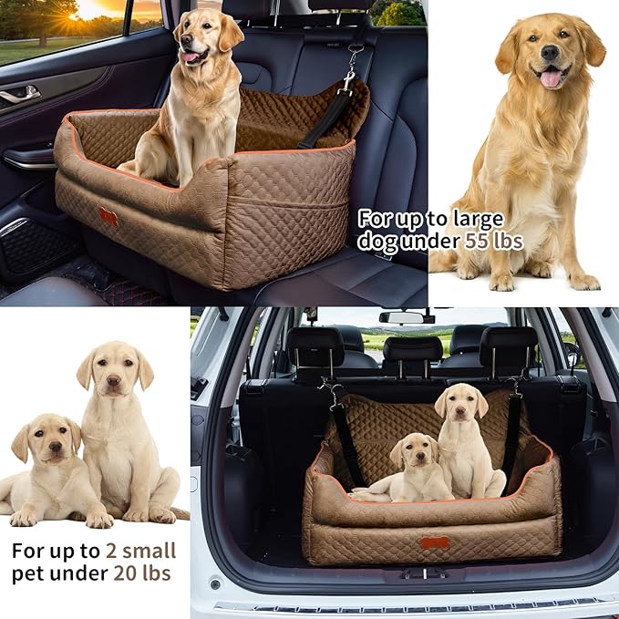 Dog Car Seat for Large/Medium Dogs - Memory Foam Dog Booster Seat for Under 55Lbs or 2 Small Dogs-Detachable and Washable Travel Bed with Thick Cushion and Storage Pockets-Brown