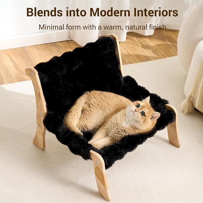 Solid Wood Cat Couch Bed for Indoor Cats, Modern Cat Sofa with Ultra-Soft Plush Surface Washable, Reclined Backrest, Elevated Elevated Cat Lounge Furniture for Small to Adult Pets, Sheen Black
