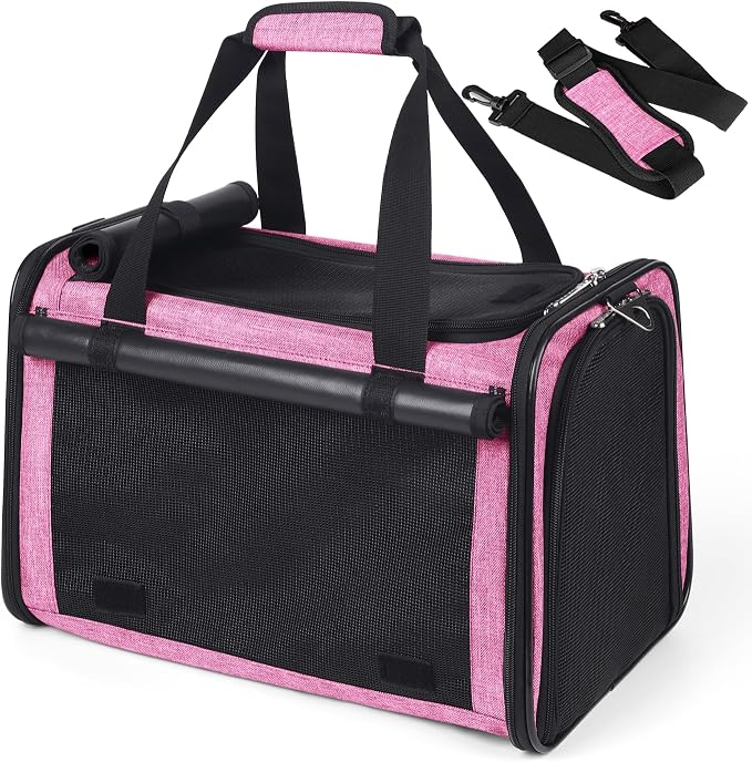 YUDODO 25 lbs Lightproof Soft Sided Pink Pet Carrier for Large Cat & Small Dog Airline Approved Travel Bag Puppy Carriers with Side Pockets & Reflective Mesh, Foldable Portable for Outdoor Car