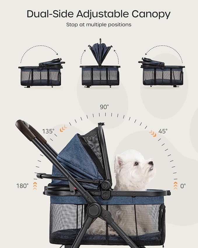 3 in 1 Pet Carrier Stroller with Detachable Carrier, Foldable Dog & Cat Stroller for Small/Medium Dogs up to 33 lbs, Large Storage Bag, Full Window Mesh, One-Touch Dual Brake, Car Seat