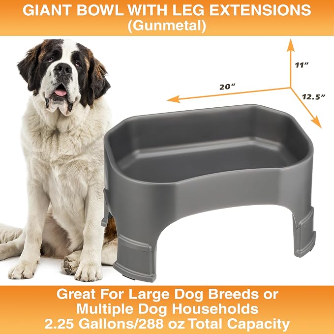 Neater Pet Brands Extra Large Water Bowl for Dogs, Elevated Outdoor Dog Water Bowl (2.25 Gallon XL Capacity), Big Trough Style Food Dish for Indoors or Outside, No Spill Large Dog Bowls, Gunmetal Grey