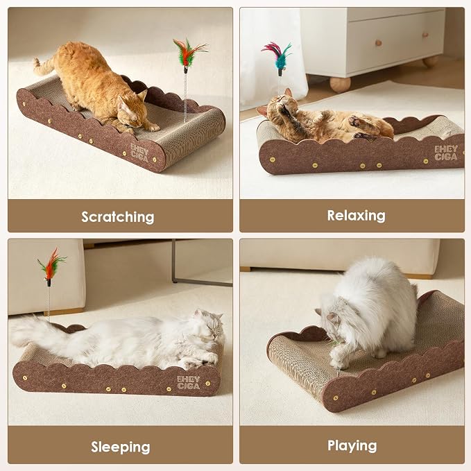 EHEYCIGA 26'' Large Cardboard Cat Scratcher Bed with 2 Cat Teaser Toy | Extra Large Fun Zone, Orthopedic Cat Couch Scratcher for Indoor Cats, Durable Cat Scratching Board, Easy Install