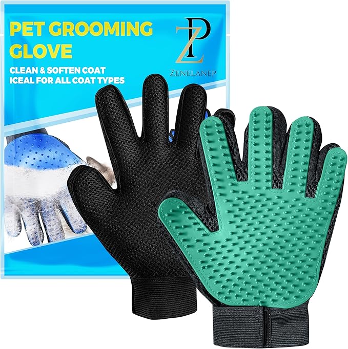 ZENELANEP Upgrade Pet Grooming Gloves, Grooming Gloves for Dogs, Cats, Rabbits & Horses with Long and Short Hair, Efficient Pets Hair Remover Mittens - 1 Pair (Green)