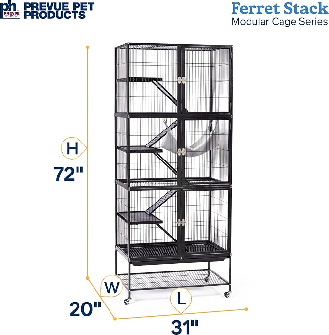 Prevue Pet Products Ferret Stack Six Story Ferret Home - Portable Stand, Escape Proof Lock, Includes Hammock & Ramps, Expandable Six Story Cage Stacking System with Wheels - Black