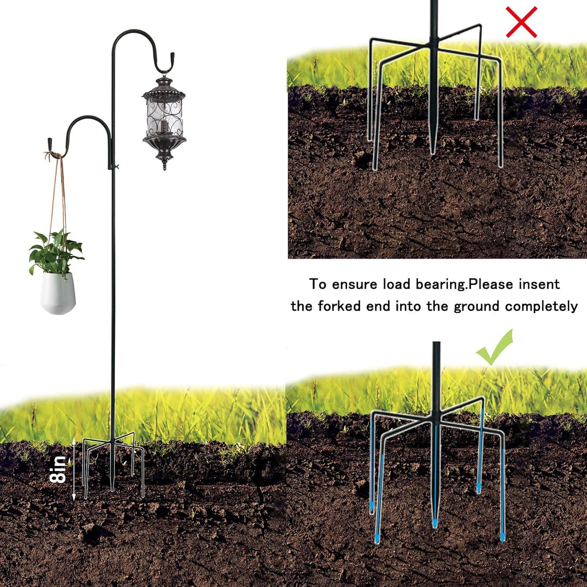 MIPON 78 Inch Double Shepherds Hooks for Outdoor Bird Feeder,Hanging Plants,Solar Light,Adjustable 78/62/46/30 Inch,3/4 Inch Width Garden Shepards Hook