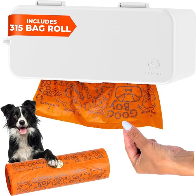 PEXTER Large Roll Poop Bag Dispenser - Dog Poop Bag Dispenser Wall Mount - Dog Waste Station for Outdoor or Indoor Use - Pet Waste Station - Includes 315 Dog Waste Bags (White)