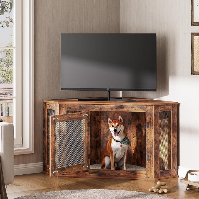 MAHANCRIS Corner Dog Crate Furniture, Wooden Dog Kennel End Table, Decorative Pet Crate Indoor Use, Furniture Style Dog House for Small Medium Dog, Dog Cage TV Stand, Rustic Brown DCRB0801
