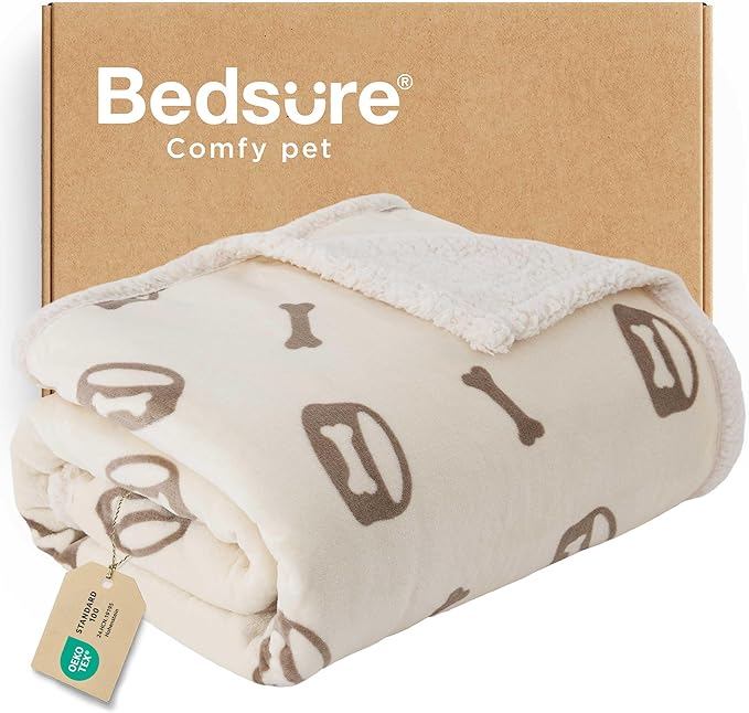 Bedsure Waterproof Dog Blankets for Small Dogs - Soft Print Sherpa Fleece Puppy Cat Blanket Washable, Cozy Plush Reversible Throw Furniture Protector for Pet Kitten Doggy, 25"X35", Beige
