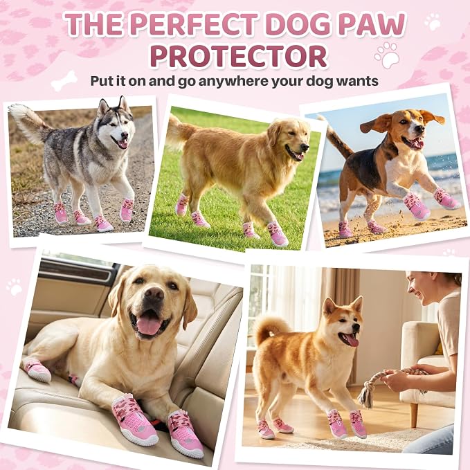 SlowTon Dog Shoes for Large Small Medium Dogs - Breathable Dog Boots for Summer Hot Pavement, Paw Protector for Outdoor Walking Winter Snow, Anti-Slip Rubber Dog Booties for Hardwood Floor (LP PI, 1)