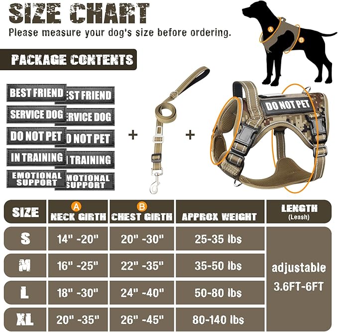 Tactical Dog Harness and Leash Set with 10 Patches for Large Dogs | Heavy Duty Adjustable No Pull Service Dog Vest with Dog Seat Belt,Reflective Easy Walk for Training Walking Hiking Camo XL
