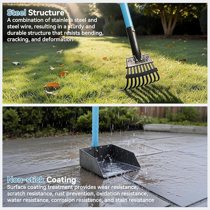 Dog Pooper Scooper, Pooper Scooper for Large Dogs Long Handle | Stainless Metal Tray and Rake, Poop Scoop Suitable for Large Dogs, Small Dogs, Suitable for Use on Grass, Dirt, Gravel (Blue)