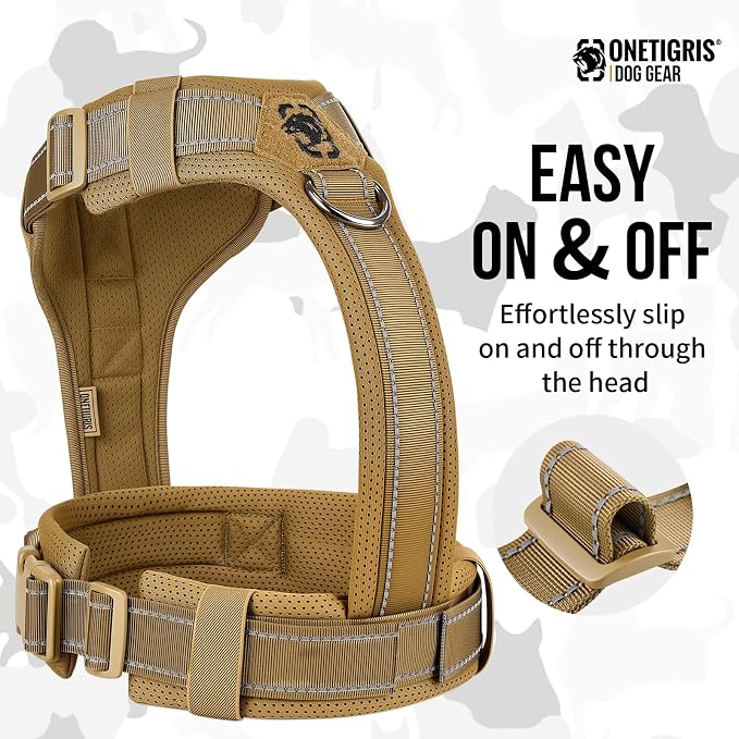 OneTigris Soft Padding No Pull Dog Vest Harness for Medium and Large Dogs | High-tensile Nylon, Adjustable, Reflective, 1 Handle, 3 D-rings, Lightweight, Tough, Easy on/off Tactical Dog Harness