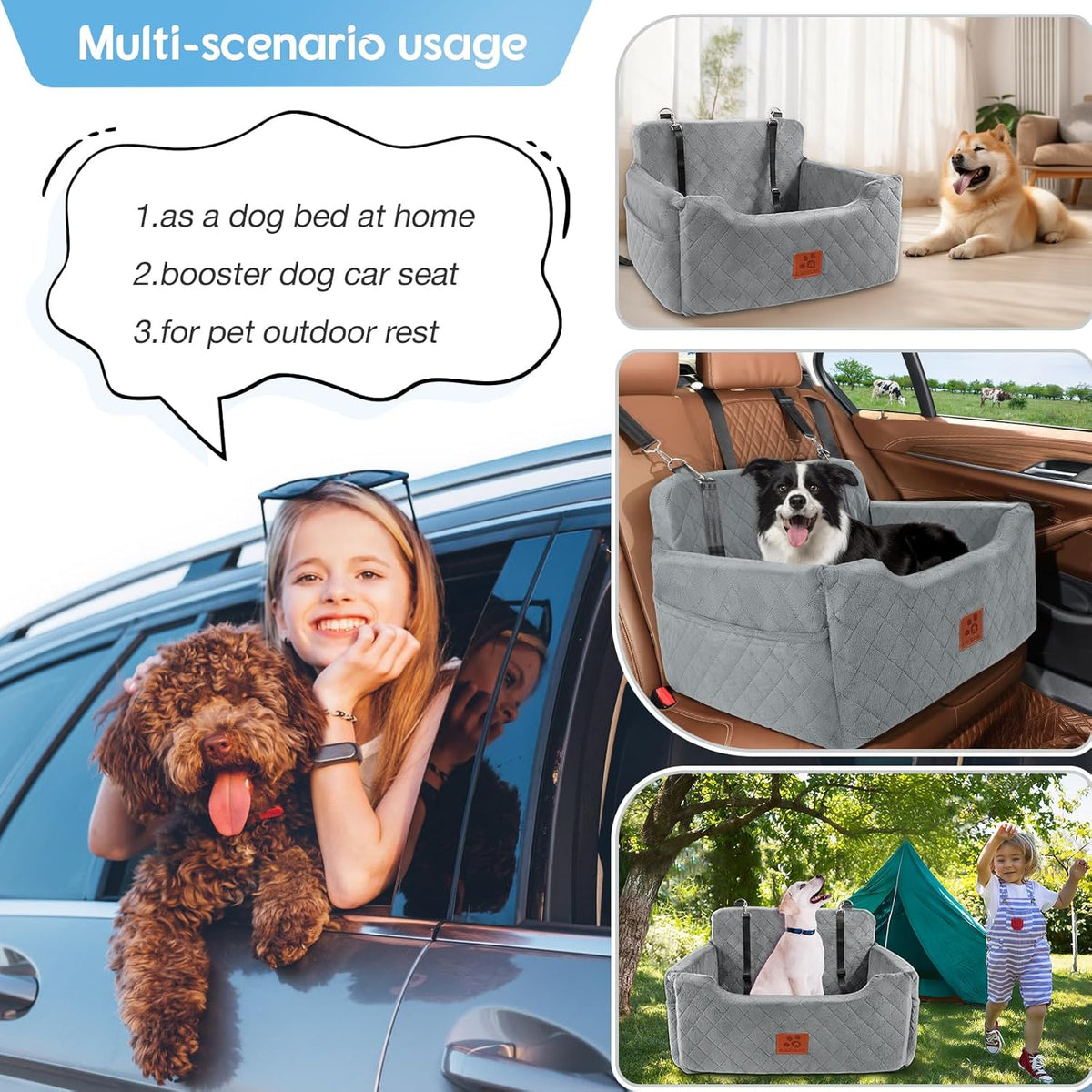 Dog Car Seat for Medium/Large Dogs, Dog Booster Seat for Pet Under 50lbs or 2 Small, Detachable and Washable Pet Car Seat,Multi-Functional Pet Travel Bed for Backseat(Grey)