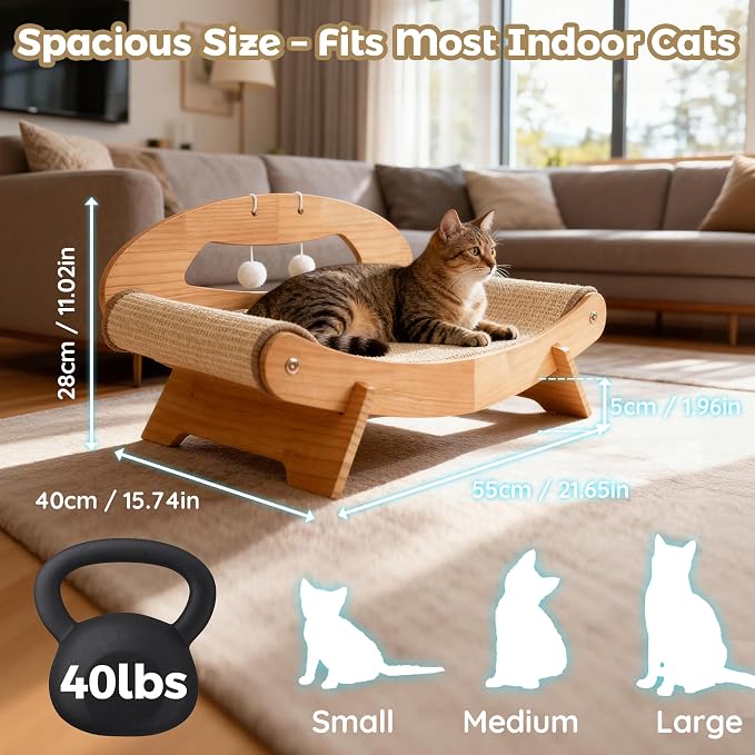 LECHONG 3-in-1 Large Sisal Cat Scratch Bed, Thicker Natural Sisal 22” Elevated Wooden Frame Hammock Lounge for Indoor Cats Sleep, Scratch & Play