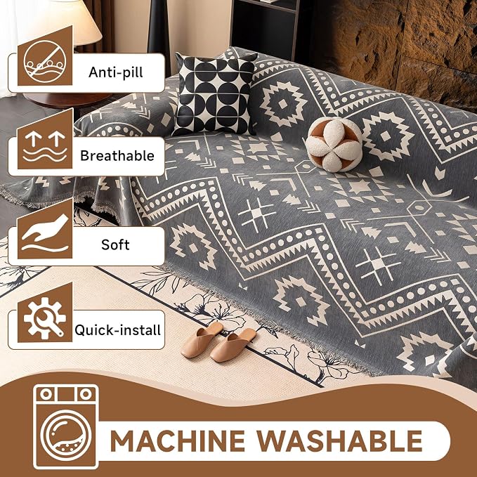 VClife Aztec Geometric Chenille Couch Cover Washable Sofa Cover for 2 Cushion Couch Sofa Retro Vintage Gray White Tribal Pattern Sofa Slipcover for Sectional Couch 71" X 118"