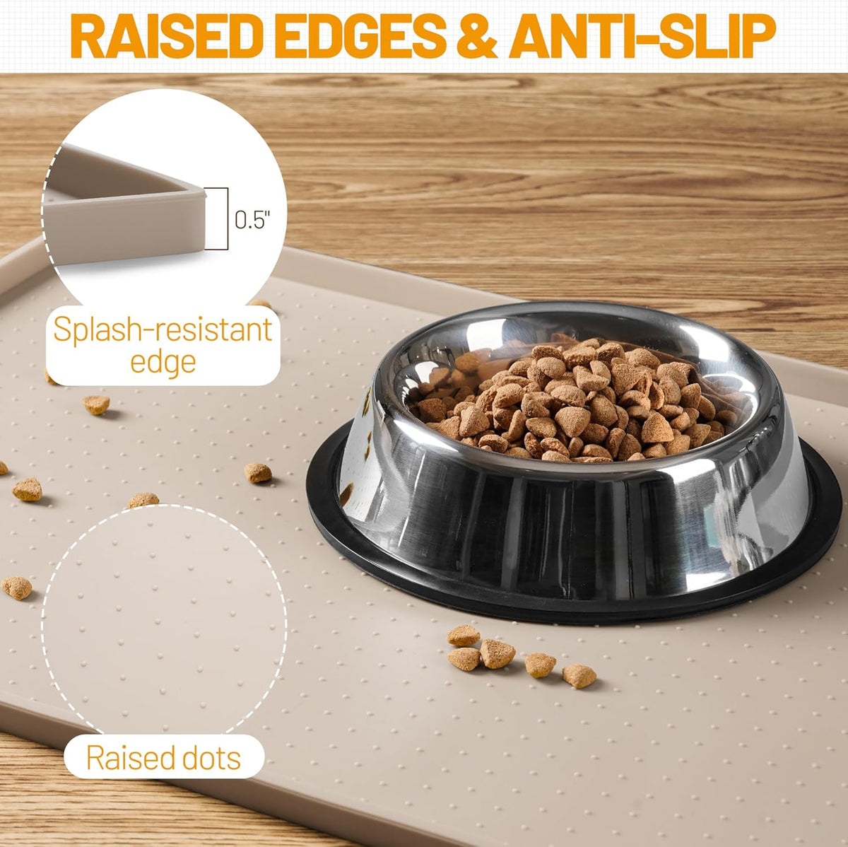 Hubulk Dog Feeding Mat,100% Waterproof Food Grade Silicone Pet Food and Water Bowl Placemat,Dishwasher, High Raised Edge to Prevent Spills,Nonslip Tray to Stop Messes on Floor（19"x12"x0.5", Taupe）