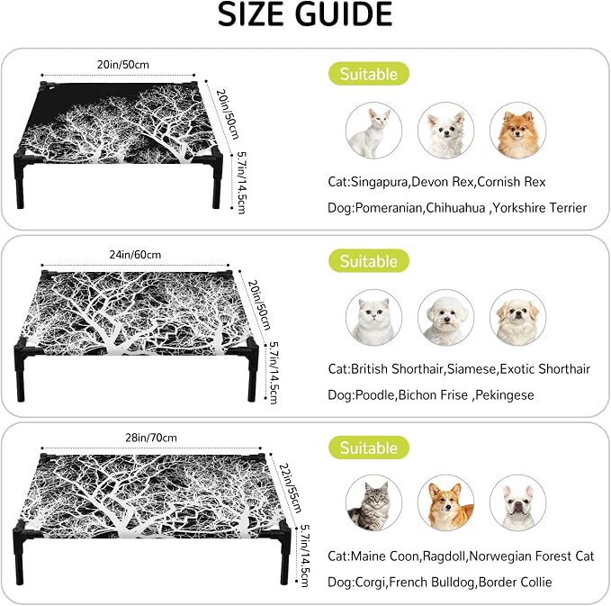 Outdoor Elevated Dog Bed for Small Dogs, Modern Tree Branches Breathable Cooling Raised Dog Cot for Indoor/Outdoor, Contemporary Black Botanical Waterproof Elevated Pet Beds, S 20 x 20 in