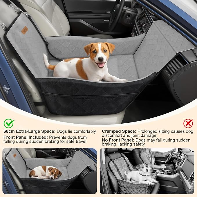 Elevated Dog Car Seat for Small and Medium Dogs Up to 35 lb | 4" High-Density Foam Dog Car Bed, 2 Storage Pockets,3 Safety belts,Fully Removable and Washable for Easy Care,Black+Gray