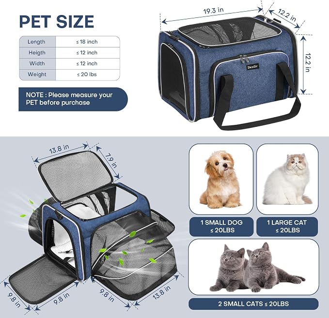 Pet Carrier, Large Soft Sided Expandable Travel Carrier with Steel Frame, Anti-Scratch Mesh, Removable Fleece Pad and Pockets for Cats, Dogs and Small Animals up to 15 lbs (Blue, 5 Sides Expandable)