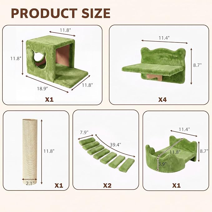 9-in-1 Cat Wall Shelves, Cat Wall Furniture Set with Bridge, Green | Wall Mounted Cats Shelf for Space-Saving, Multi-Level Cat Climbing Systems for 16 Inch Drywall, with Scratching Posts, Condos