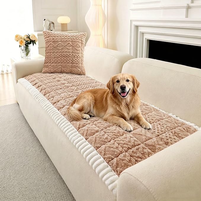 OTOB All Seasons Sofa Covers for 3 Cushion Couch Washable, Geometric Jacquard Fuzzy Non-Slip Pet Couch Cover, Kids Pet Friendly Soft Plush Sofa Slipcovers Dog Bed Mats (Camel, 27.6" x 70.9")