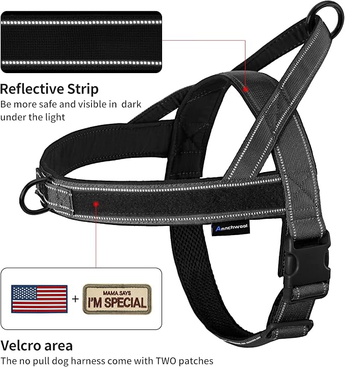 Annchwool No Pull Dog Harness with Padded Handle+5 Ft Leash,Reflective Strip Escape Proof and Quick Fit to Adjust Dog Harness,Easy for Training Walking for Small & Medium and Large Dogs(Black-Set,M)