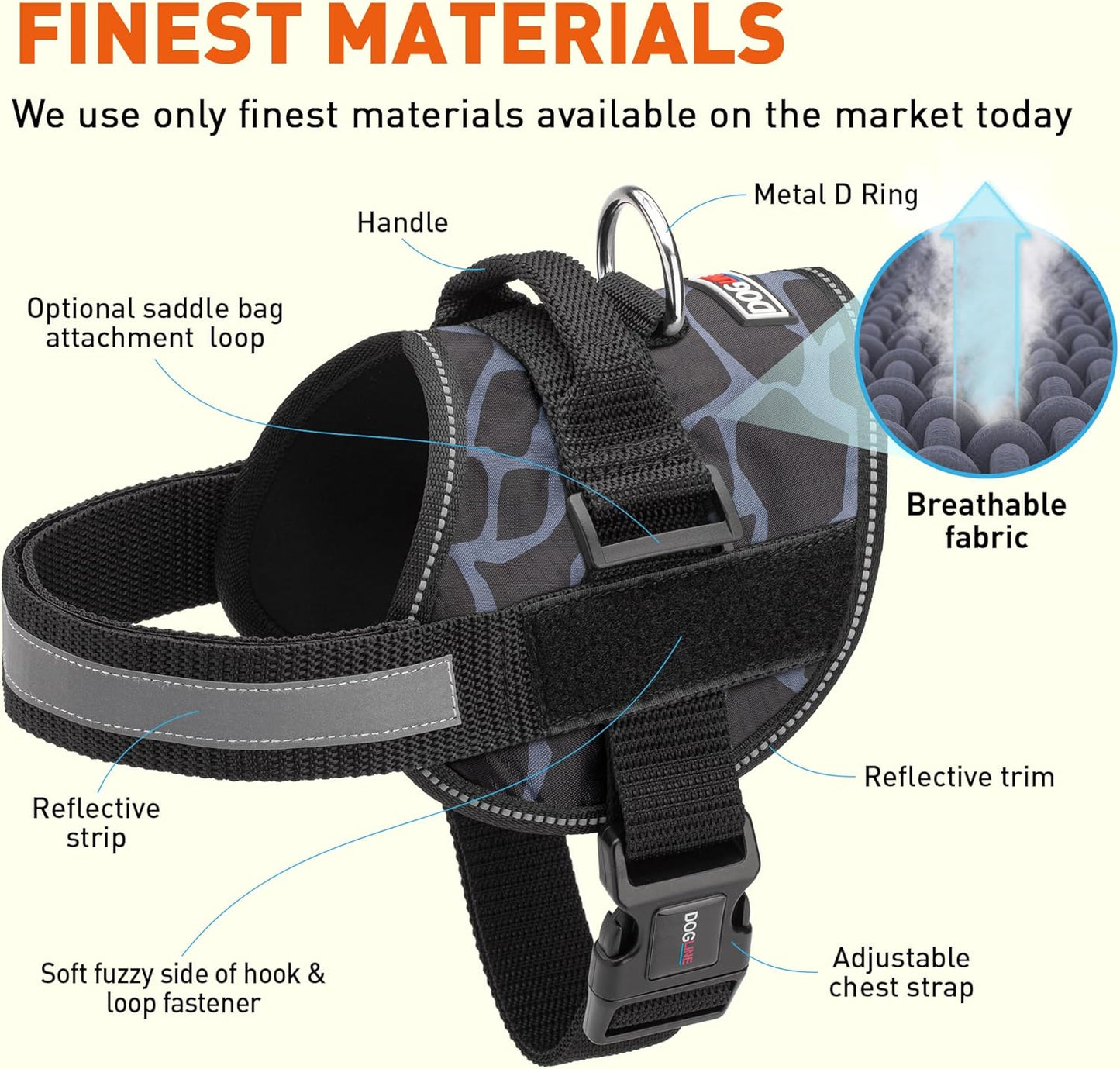 Dogline Dog Harness, Reflective No-Pull Adjustable Vest with Handle for Walking, Training, Breathable, No - Choke Harness for Small, Medium or Large Dogs Room for Patches Girraffe Grey XL 33"-46"