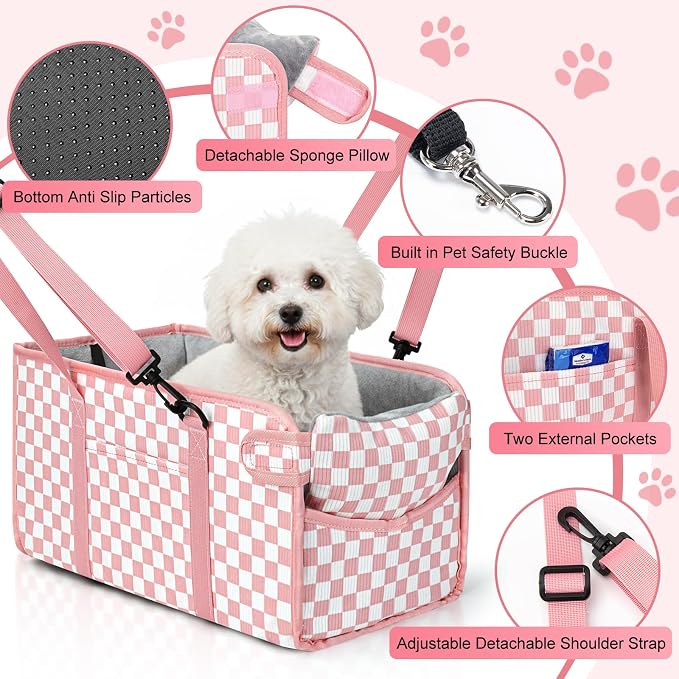 Console Dog Car Seat for Small Dogs, Foldable Booster Seat, Pink Checkered | Portable Booster Seat Sits On Car Console/ Armrest. Foldable for Easy Storage. for Center Console, Easy To Clean.