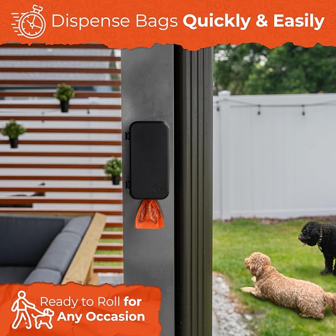 Pexter Dog Poop Bag Dispenser - Outdoor or Indoor Pet Waste Bag Dispenser Station - Stick-On or Screw-On Wall Mount - Poop Bags Storage Outdoor Container - Includes 4 Doggie Bag Rolls (Black)