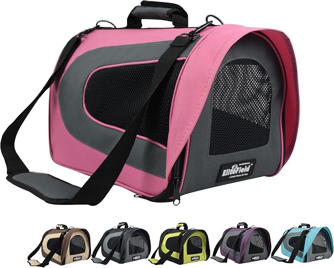 EliteField Deluxe Soft Pet Carrier (3 Year Warranty, Airline Approved), Multiple Sizes and Colors Available (18" L x 10" W x 11" H, Pink+Gray)