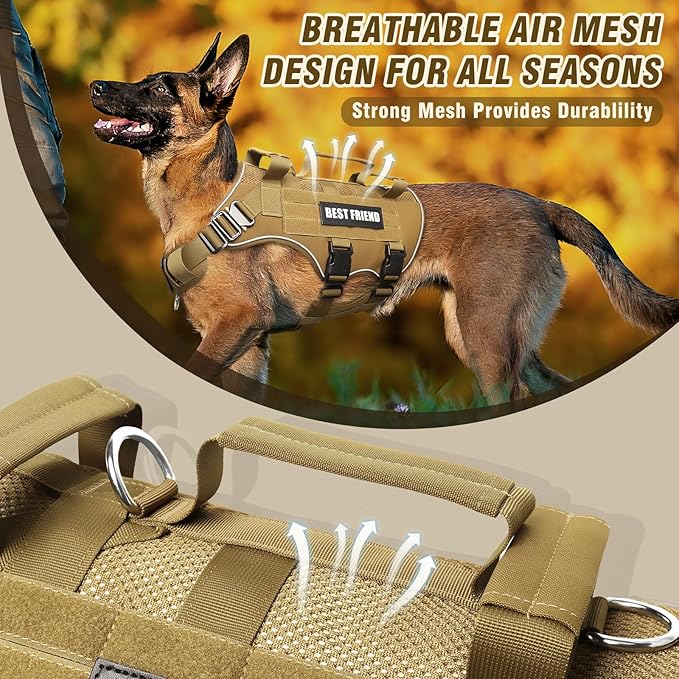 Air Mesh Tactical Dog Harness with Metal Buckles&MOLLE,Brown Large | Breathable Adjustable No Pull Service Dog Vest with 3 Padded Handles,Military Dog Harness for Training Hiking Hunting Working