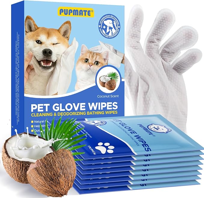 PUPMATE Pet Cleaning Glove Wipes for Dogs & Cats, Hypoallergenic Deodorizing Disposable No-Rinse Grooming Wipes, Wipes, Perfect for Pet Dry Cleaning, Daily Care and Travel, Coconut Scent, 8 pcs