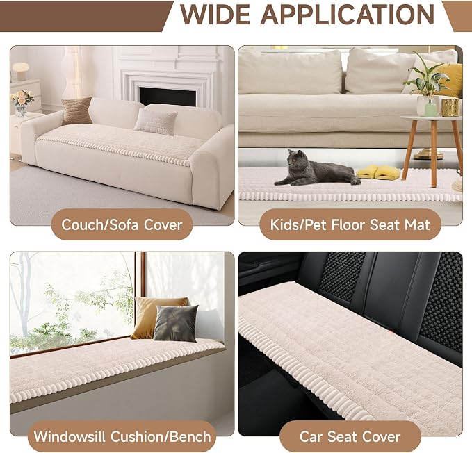 OTOB Sofa Covers for 3 Cushion Couch Washable, All Seasons Fuzzy Non Slip Kids & Pet Friendly Dog Bed Mats Couch Cover, Soft Plush Sofa Slipcovers Furniture Protector (Beige, 27.6" x 70.9'')