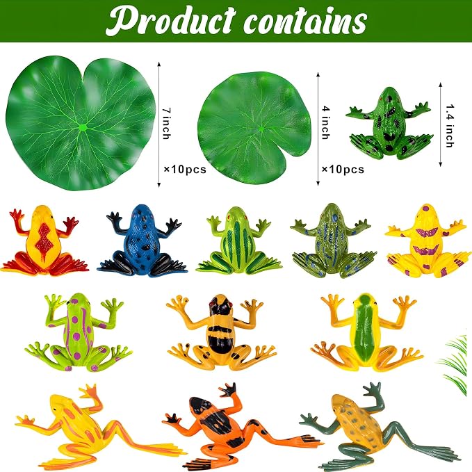32 Packs Mini Plastic Frog Decor and Artificial Lily Pads, | 12 Colorful Plastic Frogs & 20 Floating Lily Pads, Artificial Pond Plants for Garden Pool Decor Party Favor Classroom